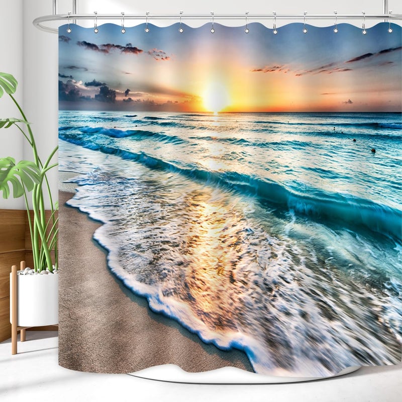 ZXMBF Ocean Shower Curtain Sand Beach Waves Sunrise Lanikai Theme Colorful Offshore Pacific Scenry Pattern Waterproof Fabric Bathroom Decor Set 72x72 Inch Plastic Hooks 12 Pcs Blue - Image 4